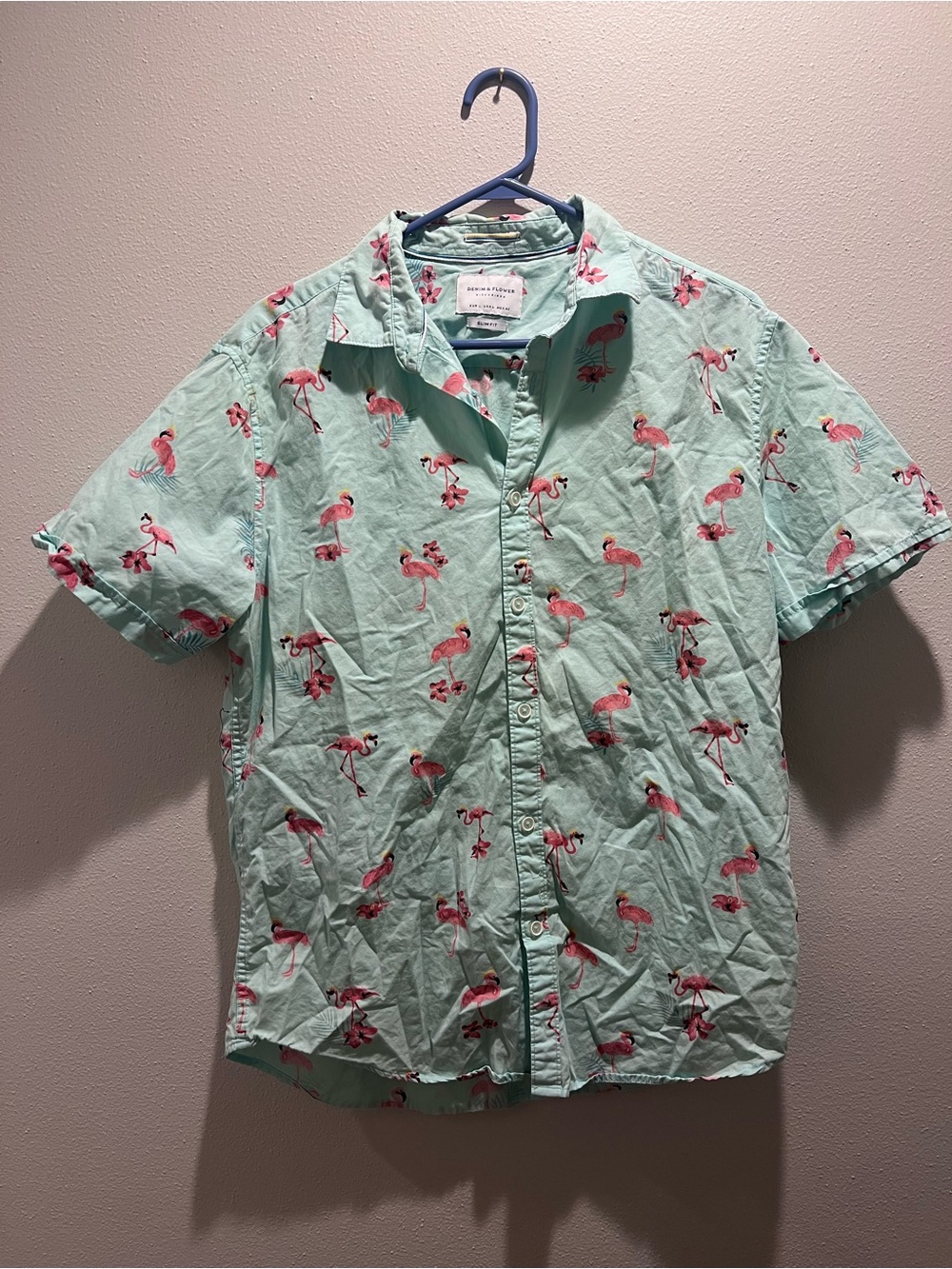 Mint Green Flamingo Print Short-Sleeve Button Down Shirt